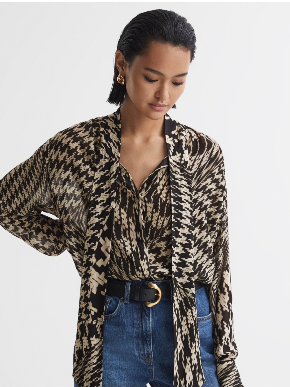 Reiss Black and Cream Dogtooth Tie-Neck Blouse